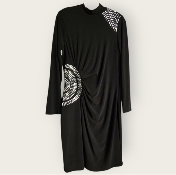 Frank Lyman Design Silver and Black Asymmetrical Ruched Midi Dress, Size 12